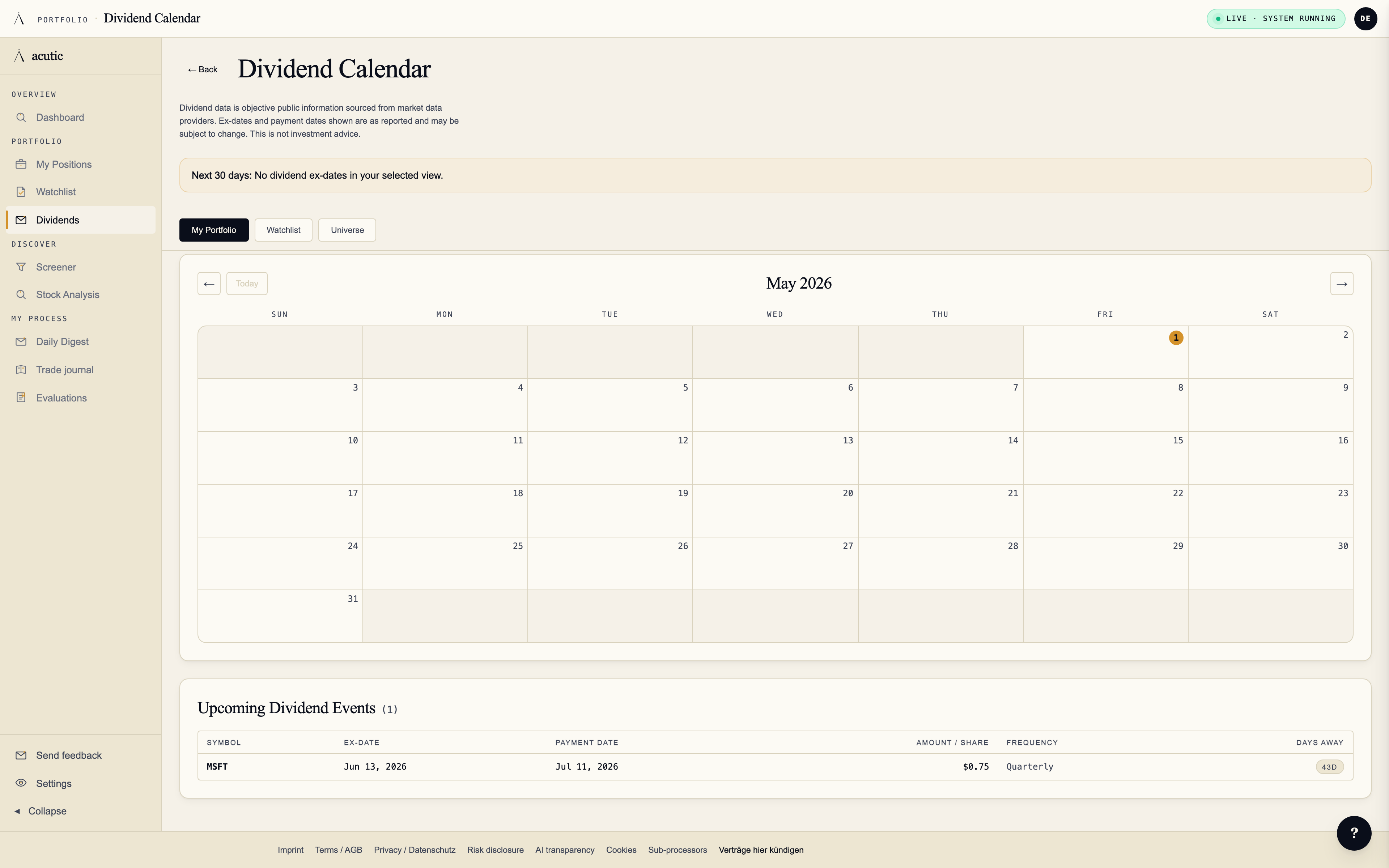Dividend calendar — monthly view of upcoming dividend events across the watchlist