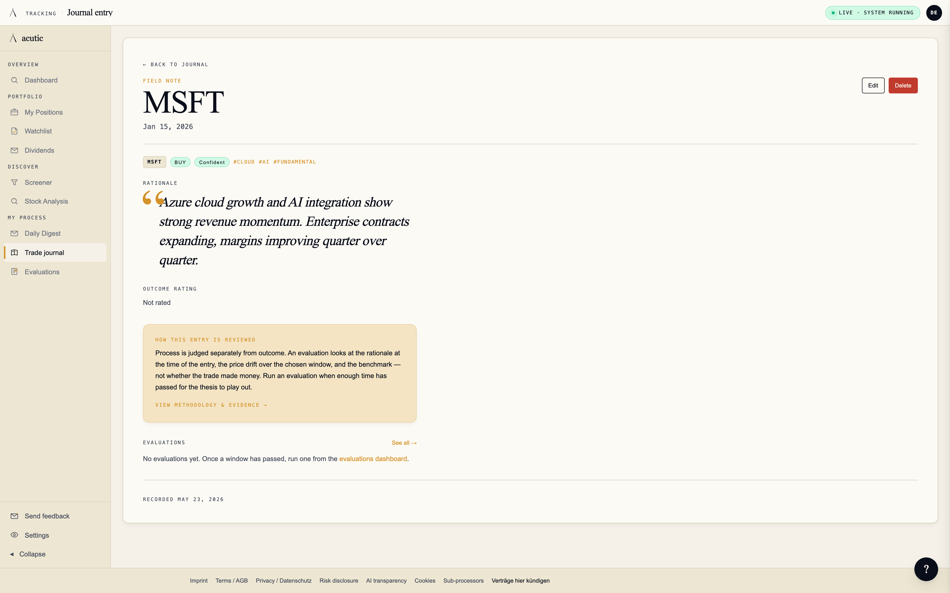 Journal entry detail — structured thesis with bull case, bear case, and falsification triggers