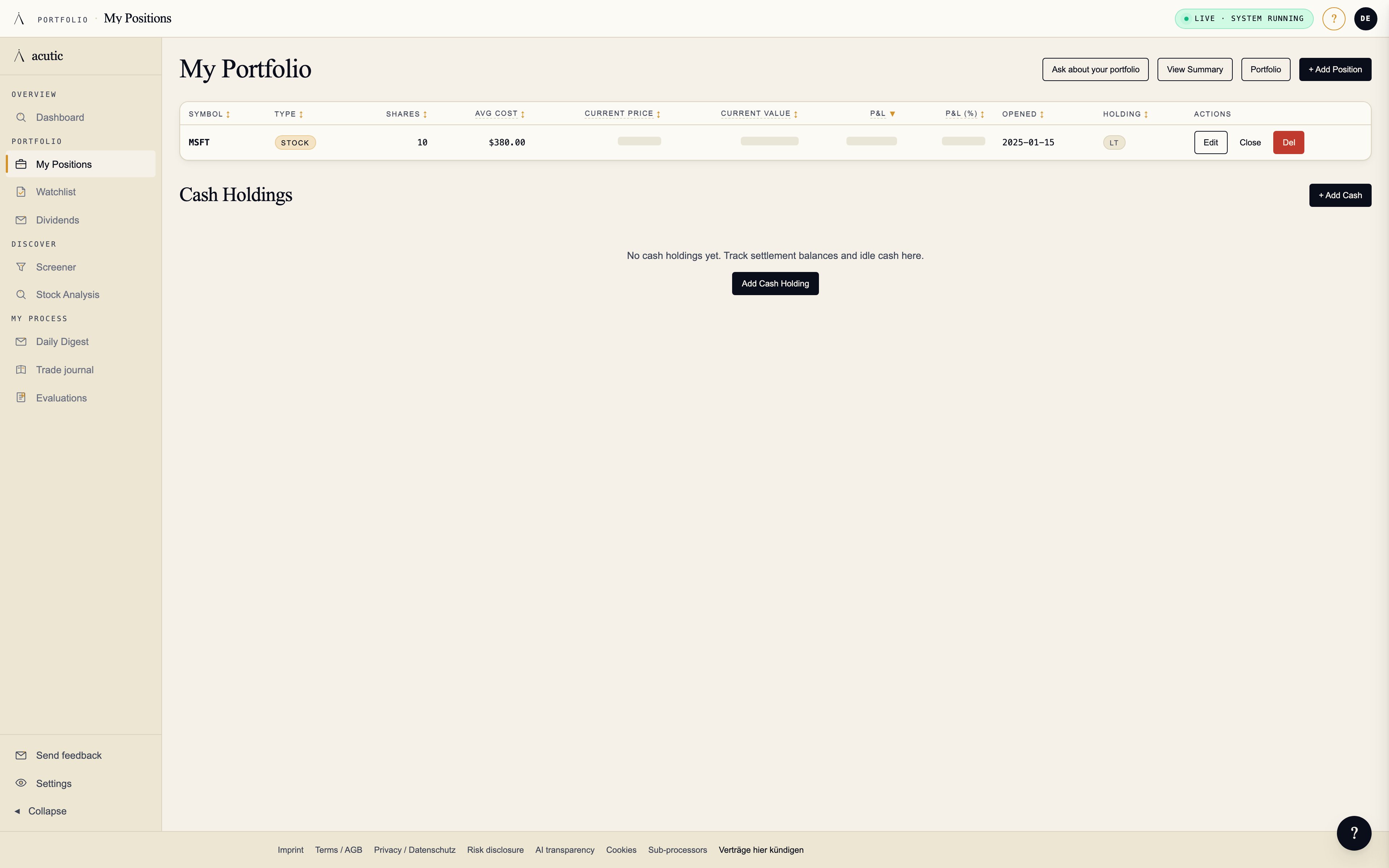 Portfolio Summary card — positions, P&L, allocation, and score breakdown