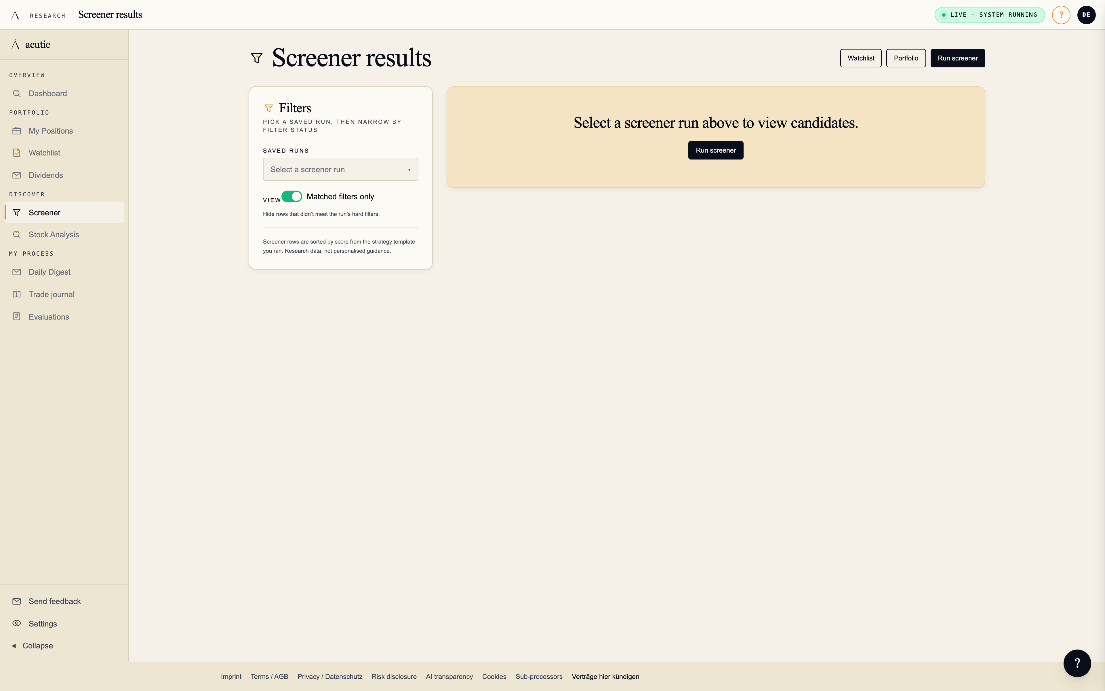 Stock Screener with filters for industry, market cap, valuation, growth, and quality