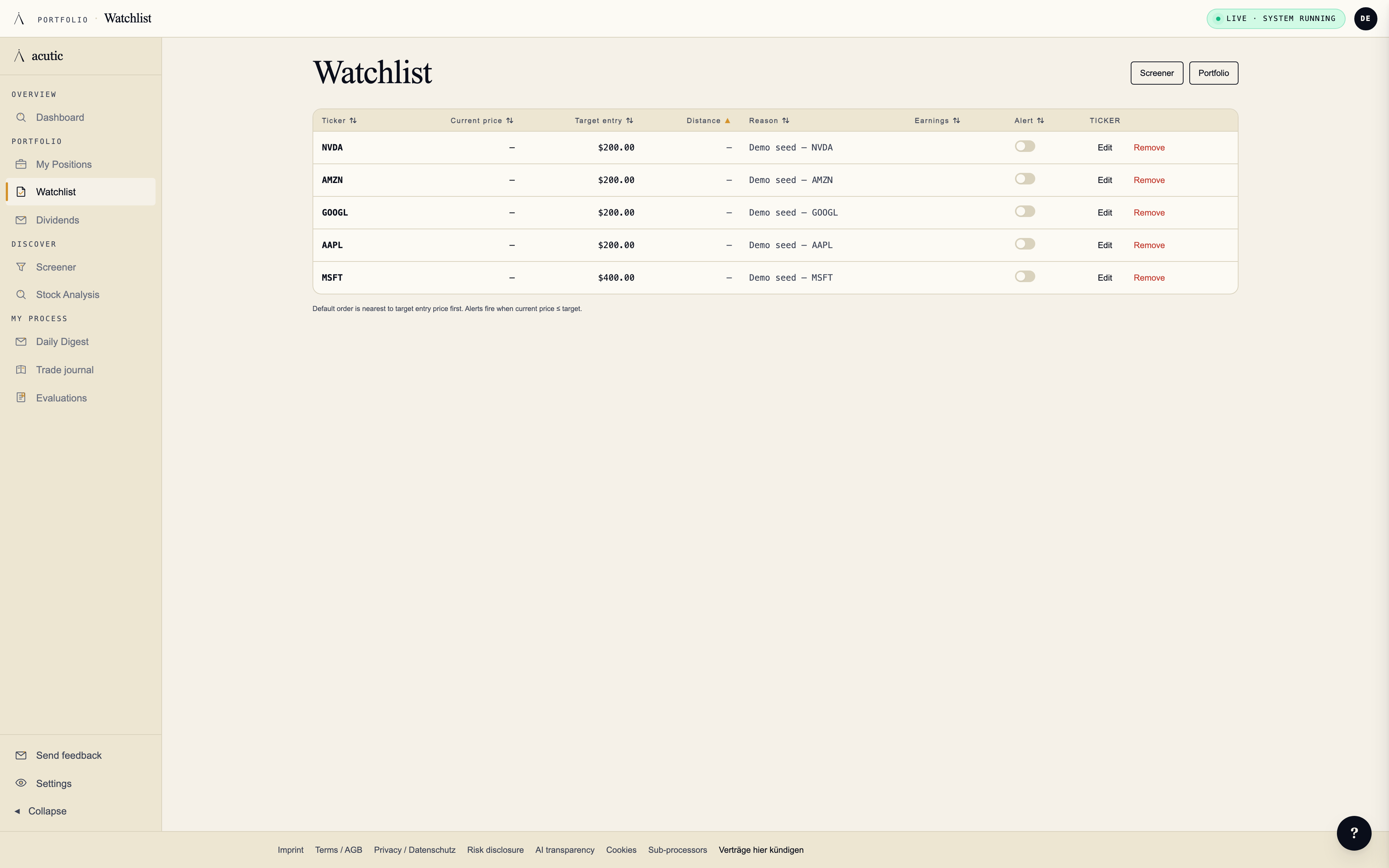 Watchlist with score deltas — tracking score changes over time for instruments under research