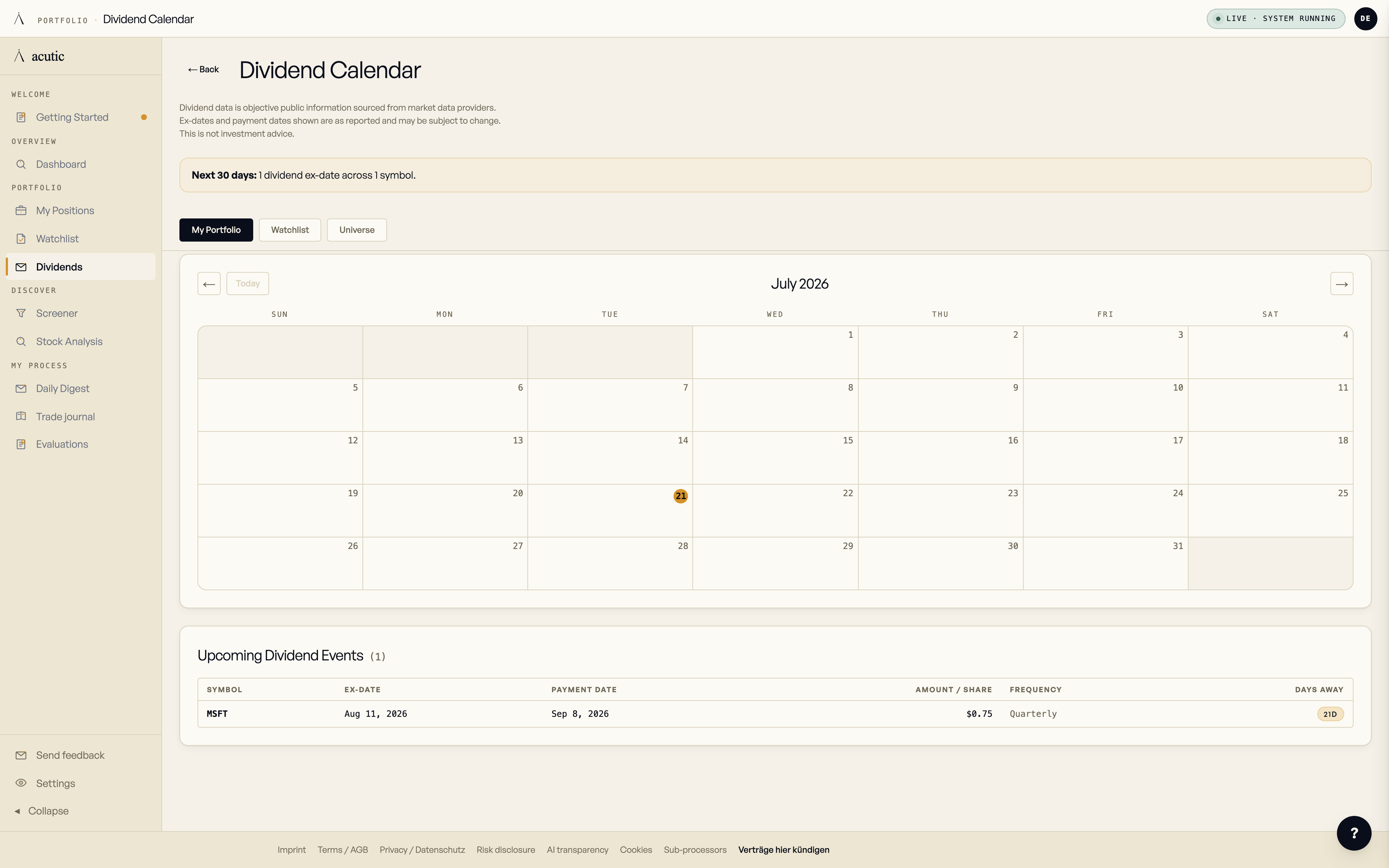 Dividend calendar — monthly view of upcoming dividend events across the watchlist