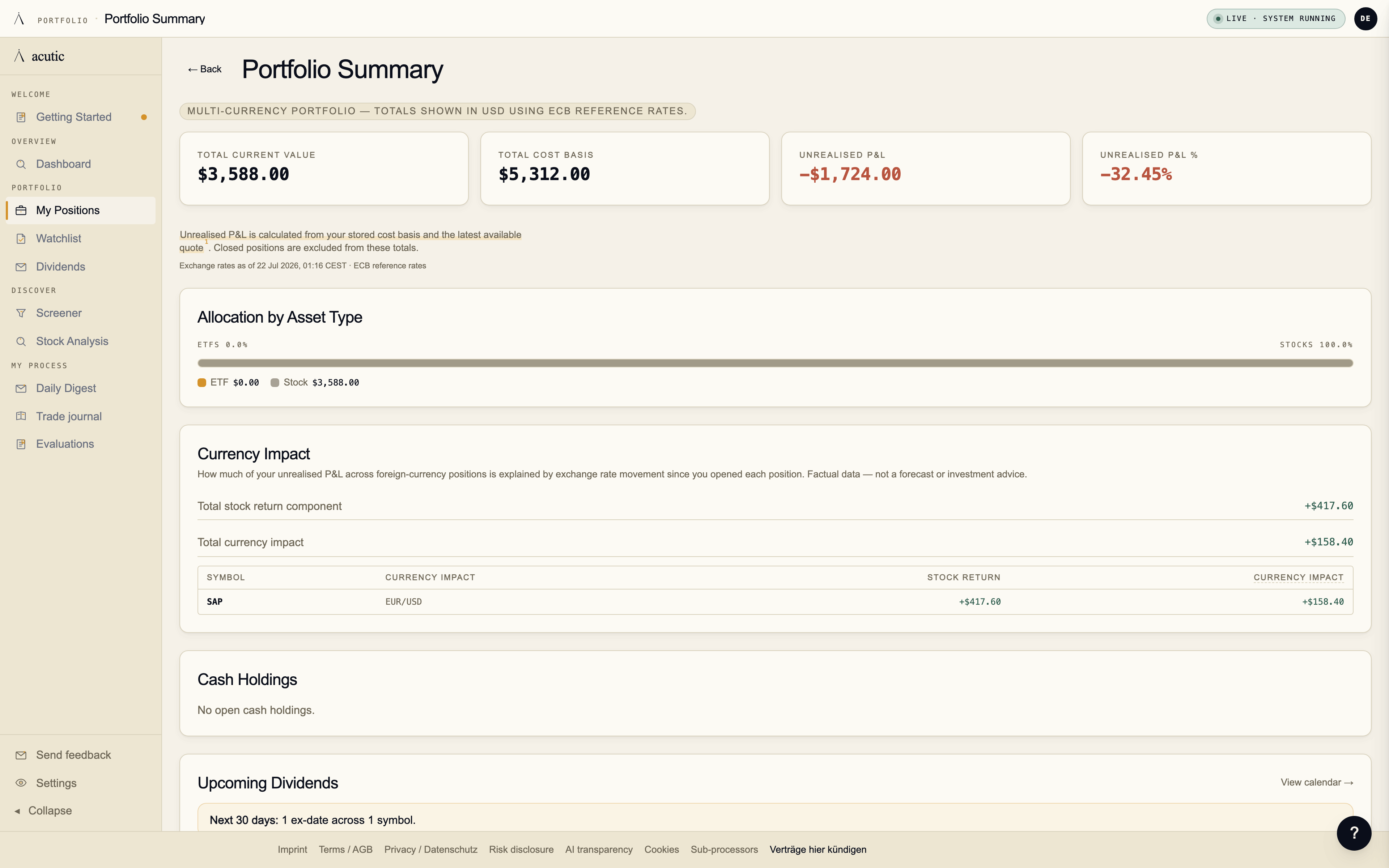 Portfolio Summary card — positions, P&L, allocation, and score breakdown