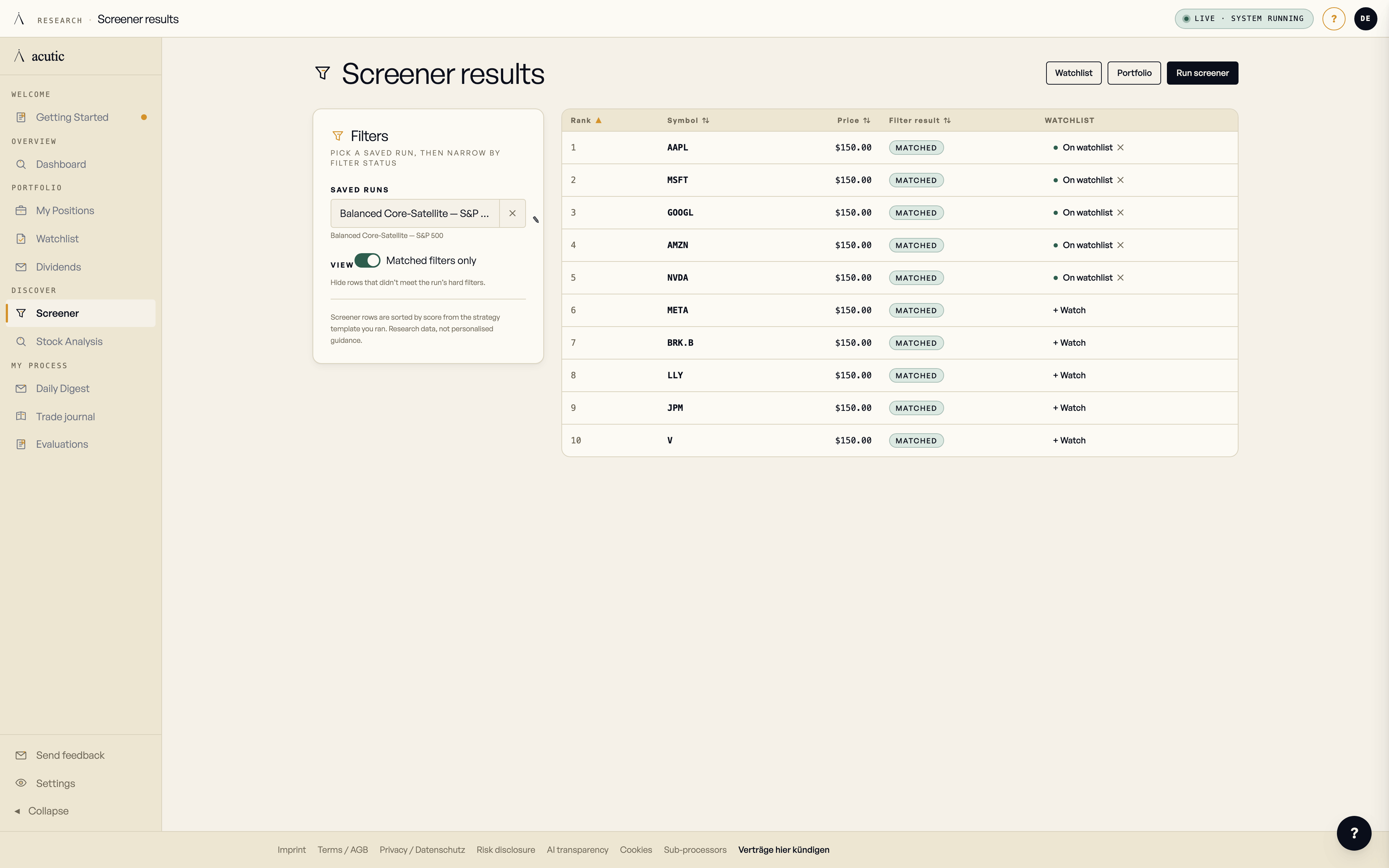 Stock Screener with filters for industry, market cap, valuation, growth, and quality